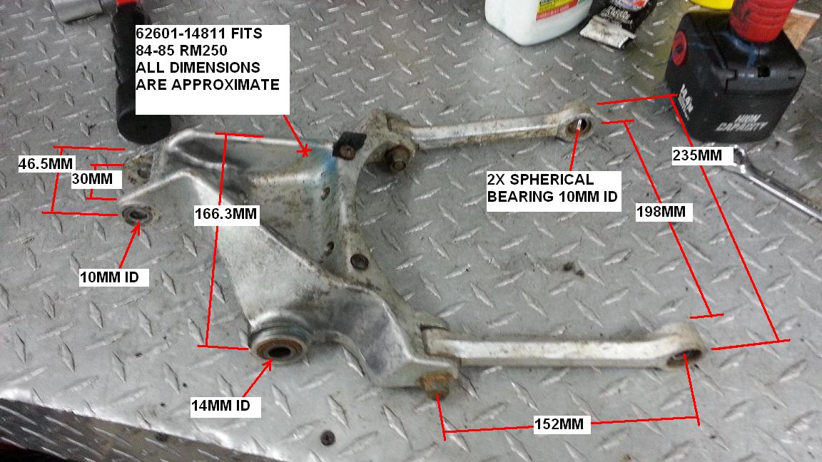 62601-14810 1984 RM250 SUZUKI SHOCK ARM LINKAGE PICS AND MEASUREMENTS.JPG