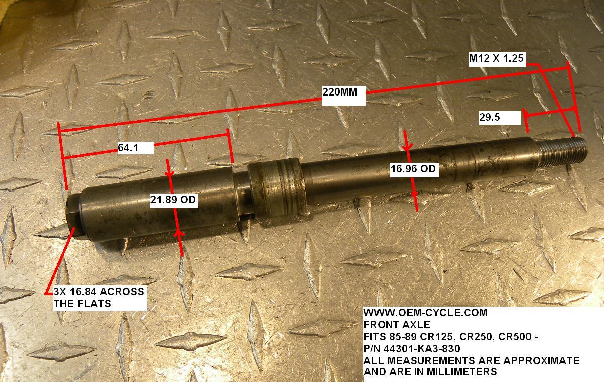 44301-KA3-830 - FRONT AXLE MEASUREMENTS AND PICS - 17MM - FITS 85-89 CR125, CR250, CR500