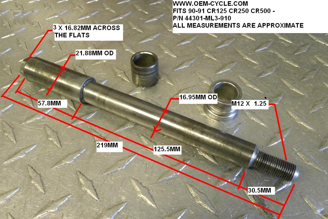 44301-ML3-910 - FRONT AXLE PICS AND MEASUREMENTS - FITS 90-91 CR125 CR250 CR500