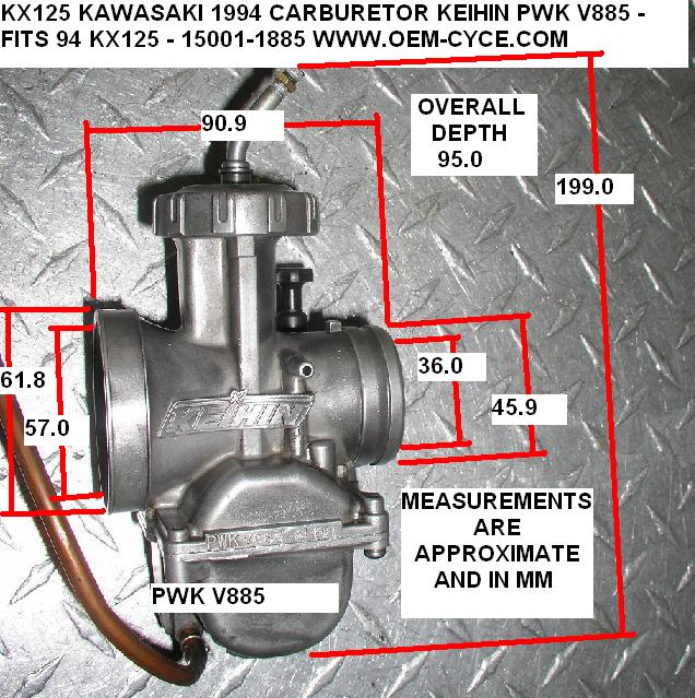 15001-1885 - CARBURETOR - KEIHIN PWK V885 - FITS 94 KX125 - 36MM - PICS AND MEASUREMENTS
